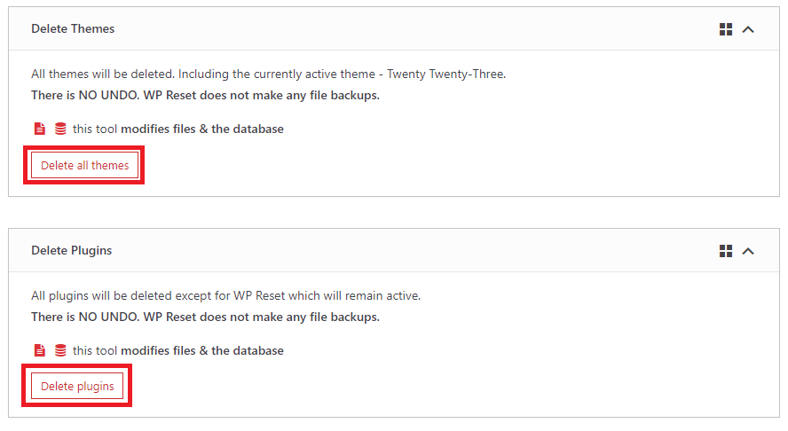 Delete Themes and Delete Plugins