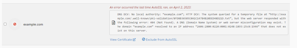 Wrong nameservers cPanel AutoSSL error