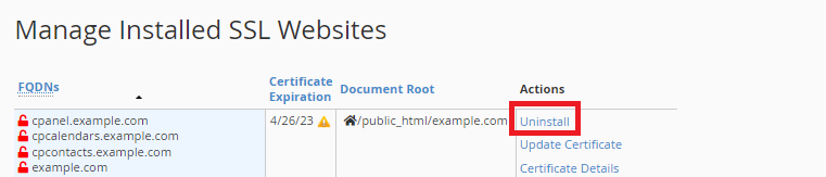 Uninstall cPanel SSL certificate